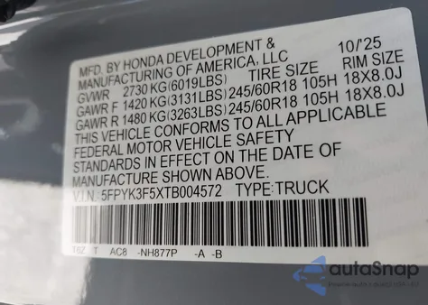 2026 Honda Ridgeline Rtl z USA, uszkodzony, nr VIN 5FPYK3F5XTB004572